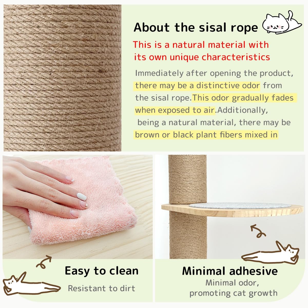 Cat Climbing Tower, Floor-to-Ceiling, Natural Sisal Rope Scratching Post, 93.7-101.1Inch, 101.2-108.6Inch, 108.7-115.4Inch