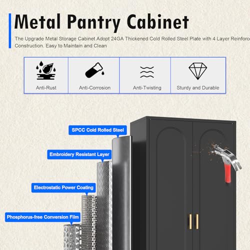 Metal Storage Cabinet with Doors and Shelves, 71 Inch Tall Kitchen Pantry Cabinet, Pantry Cabinets for Kitchen Storage, Freestanding Cupboard for Living, Dining Room, White, Assembly Required