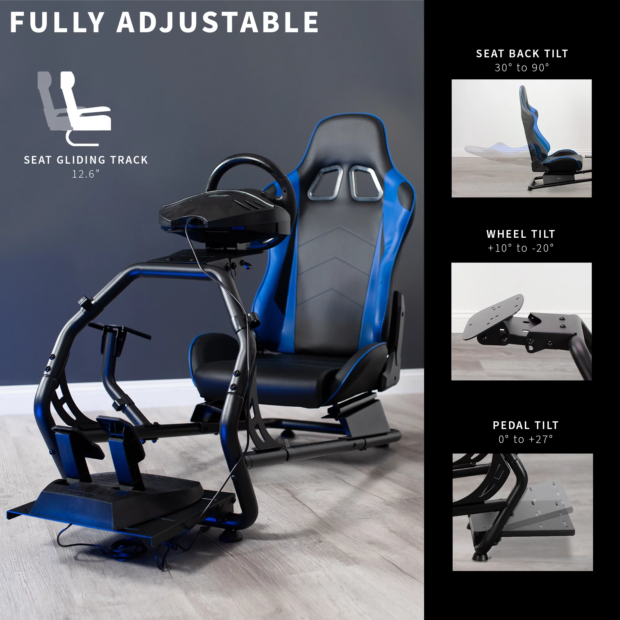 VIVO Black + Blue Racing Simulator Cockpit with Wheel Stand and Reclining Seat