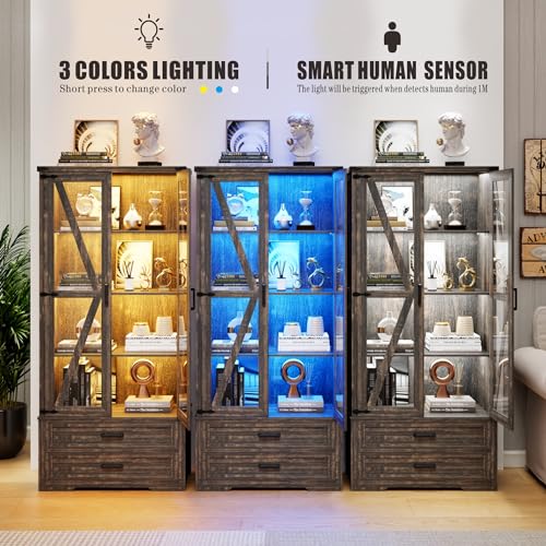 Farmhouse Storage Cabinet 68" Tall, Large Wood Kitchen Pantry Cabinet with Drawers & Shelves, LED Display Cabinet Bookcase for Living Room/Bedroom/Office, Antique White