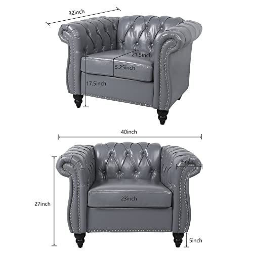 3 Piece Living Room Set, Chesterfield Velvet Sofa Loveseat Couch Chair with Scroll Arms and Nailhead for Living Room, Office (Beige, 1-2-3)