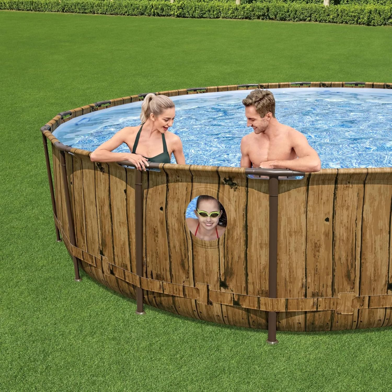 Bestway Power Steel Swim Vista Series II 18' x 48" Round Above Ground Outdoor Swimming Pool Set with Built-in Windows, Filter Pump, Ladder, and Cover