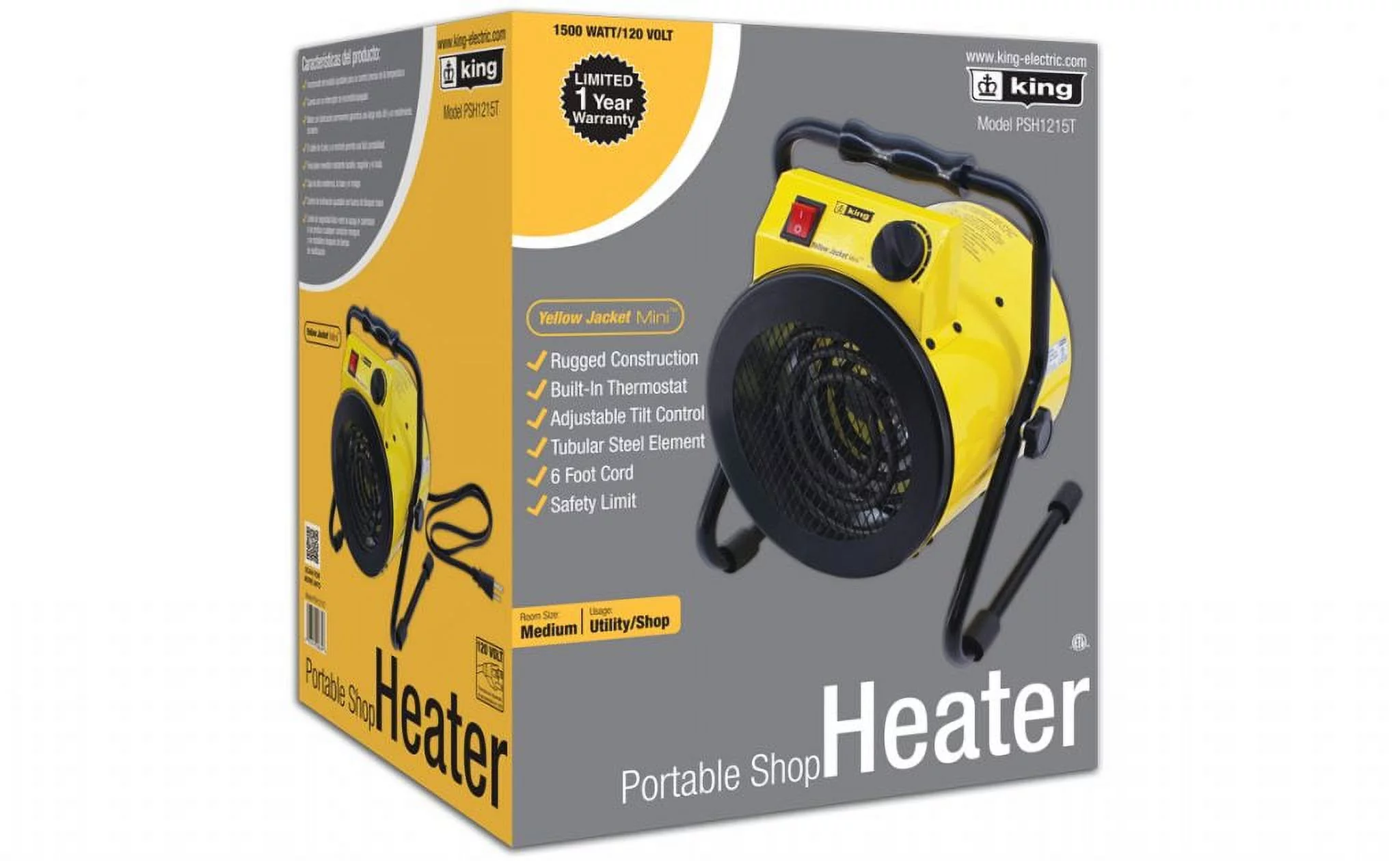 King Electric Portable Heater, 1500W / 120V, Yellow, PSH1215T