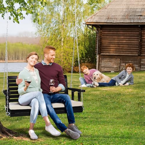 VINGLI Heavy Duty 880 LBS Patio Wooden Porch Swing Outdoor with Extra Cushion, Farmhouse Hanging Bench Tree Swing with Adjustable Chains for Yard | Garden | Lawn | Balcony (5 FT, Rustic)