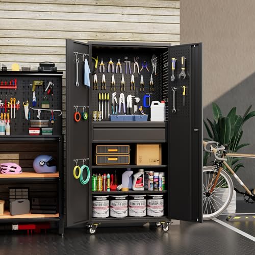 73" H Metal Storage Cabinet with Wheels, Garage Storage Cabinet with 4 Adjustable Shelves and Lockable Doors for Garage Home Office Utility Room,Required Assembly,Black