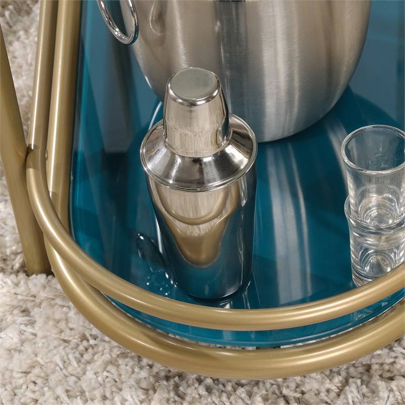 Pemberly Row Modern 3-Shelf Glass and Metal Bar Cart in Satin Gold