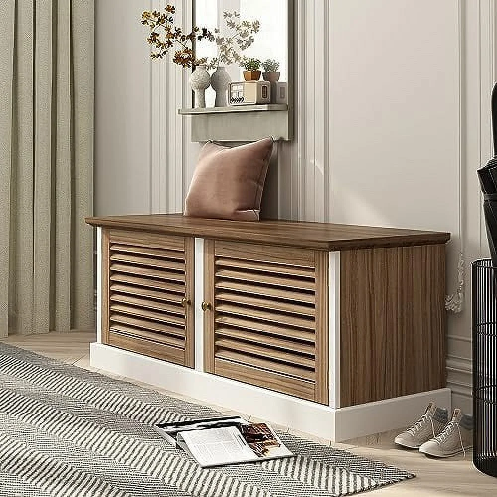 RUNFAYBIU 43.3"  Bench with Louver Doors  Entryway Shoe Bench with  Shelves ; Spacious Seat for Hallway  Mudroom ; Living Room  Brown and White