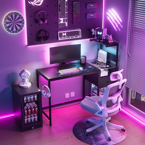 48 inch Reversible Gaming Desk with LED Lights & Power Outlets, Computer Desk with Storage Shelves & Drawer, Home Office Desk with CPU Stand, Black