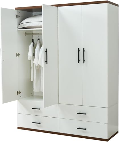 Wood Armoire Wardrobe Closet with 4 Doors, 2 Hanging Rods, 2 Drawers, Bedroom Armoire Organization with Mirror & Clothes Storage Cabinet Shelving 63" W x 20.4" D x 70.8 "H White