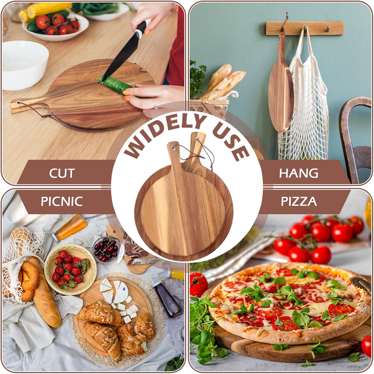 16 Pack Acacia Wood Cutting Board with Handle Thick Round Charcuterie Boards 2 Size Acacia Chopping Boards for Serving Cheese Pizza Bread Platter Baking Wooden Wall Carving Decor