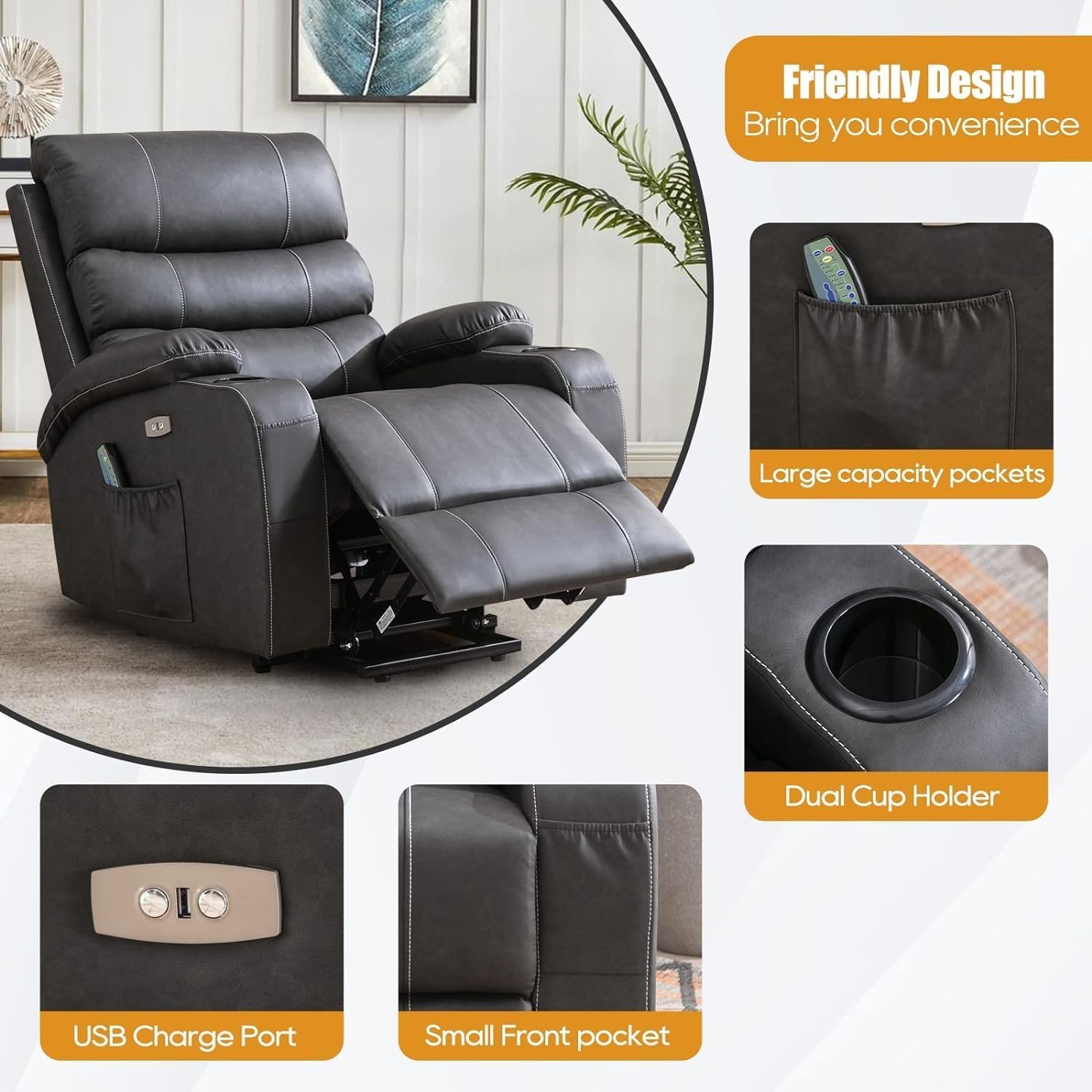 Power Lift Recliner Chair with Heat and Massage for Elderly, Electric Recliner Chairs with Standing Assistance, 2 Cup Holders, 2 Side Pockets, USB Charge Port, Breathable Leather