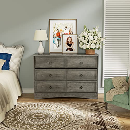 Modern 6 Drawer Dresser with Strip Lights, Dressers for Bedroom, Chest of Drawers Closet Organizers and Storage Clothes - Easy Pulls Handle, Textured Borders Living Room, Hallway, Gray
