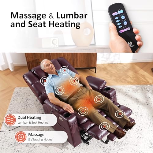 MCombo Large Triple Motor Power Lift Recliner Chair with Massage and Dual Heating, Adjustable Headrest for Tall Elderly People, Faux Leather 7634 (Dark Brown, Large)