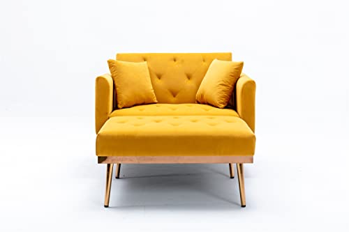 Modern Tufted Velvet Sofa 2 in 1 Chaise Lounge Chair Indoor with Adjustable Backrest and Two Pillows for Living Room Bedroom Office, Single Sofa Bed with Rose Golden Feet and Arms, Beige