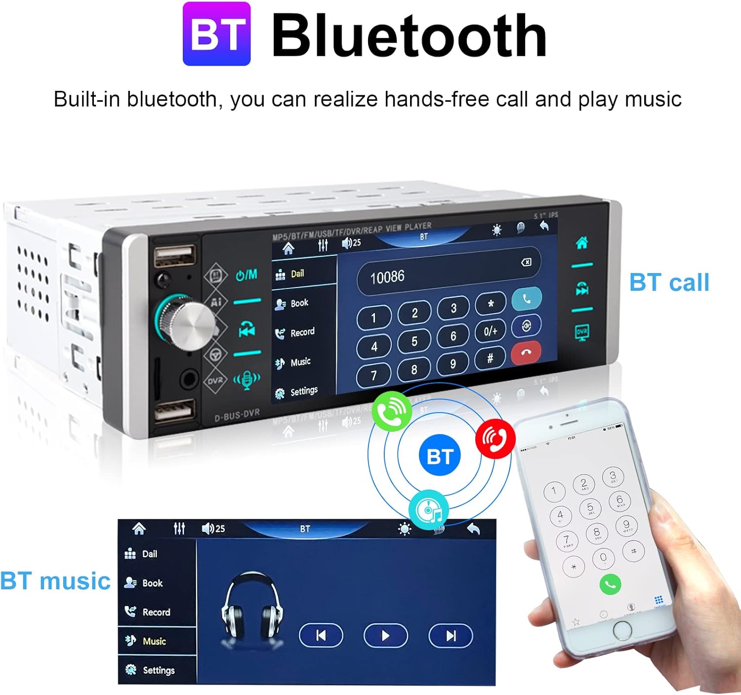 Single Din Car Stereo 5.1 Inch Touchscreen Radio with Bluetooth Voice Control Support DVR FM RDS AM Tuner, 1 Din Head Unit with USB/SD/Aux-in + Steering Wheel Control, Microphone and Backup Camera