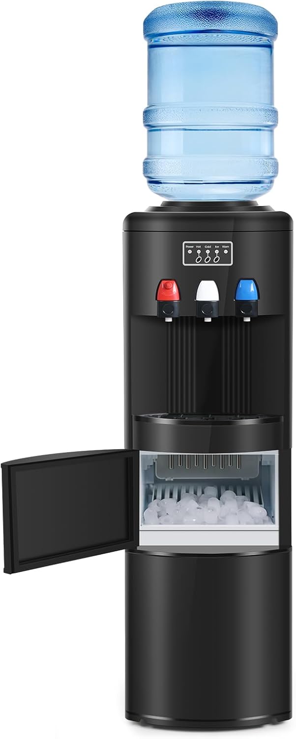 ICEPURE Water Dispenser with Ice Maker, 3-in-1 Hot and Cold Water Cooler with Built-in Bullet Ice Maker Machine, 26.5lbs/24H, Top Loading for 3-5 Gallon Bottle, Child Safety Lock, Black
