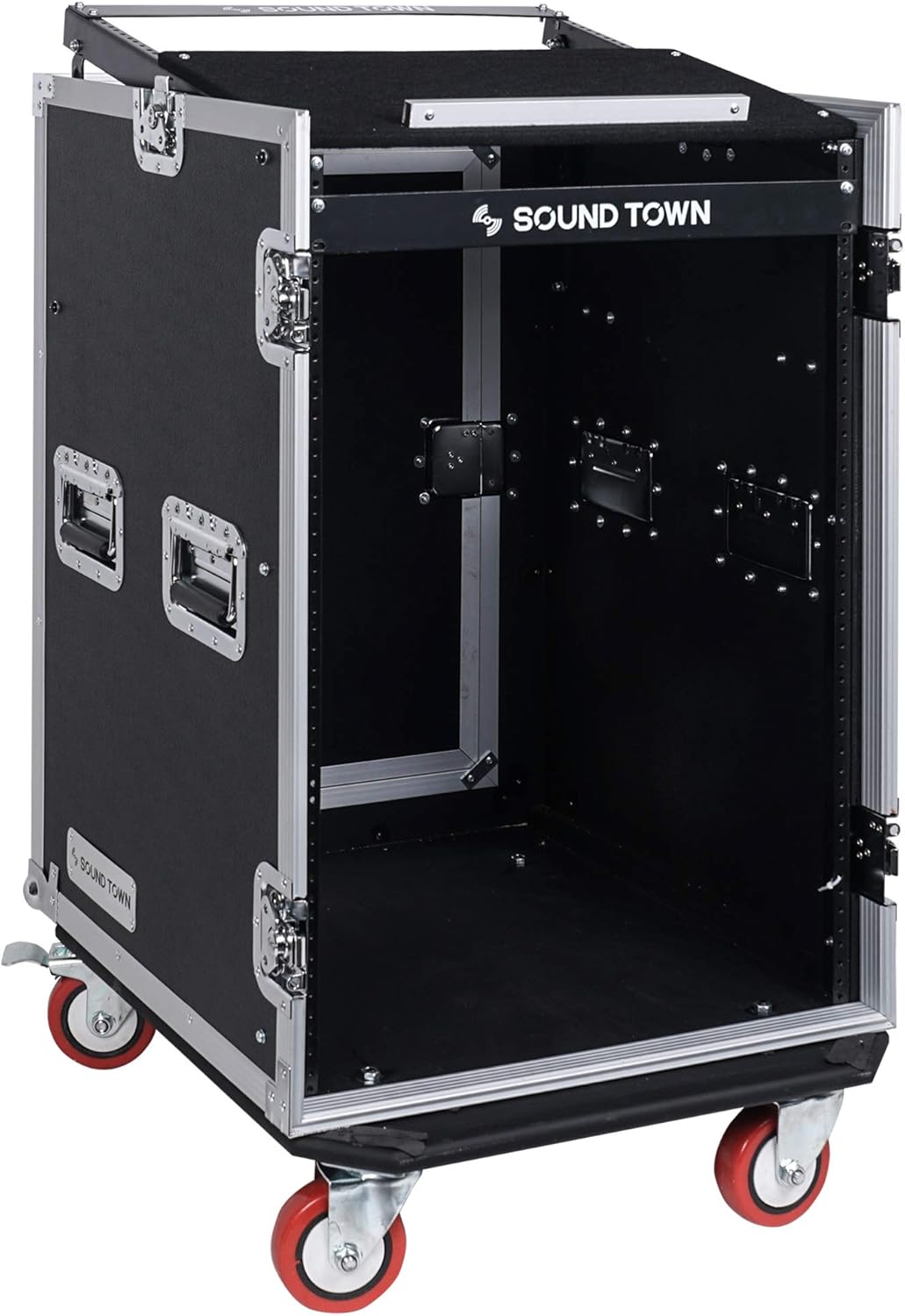 Sound Town 14U PA DJ Rack/Road ATA Case with 11U Slant Mixer Top, 20���� Rackable Depth, DJ Work Table and Casters, 14 Space Size, Pro Tour Grade (STMR-14UWT)