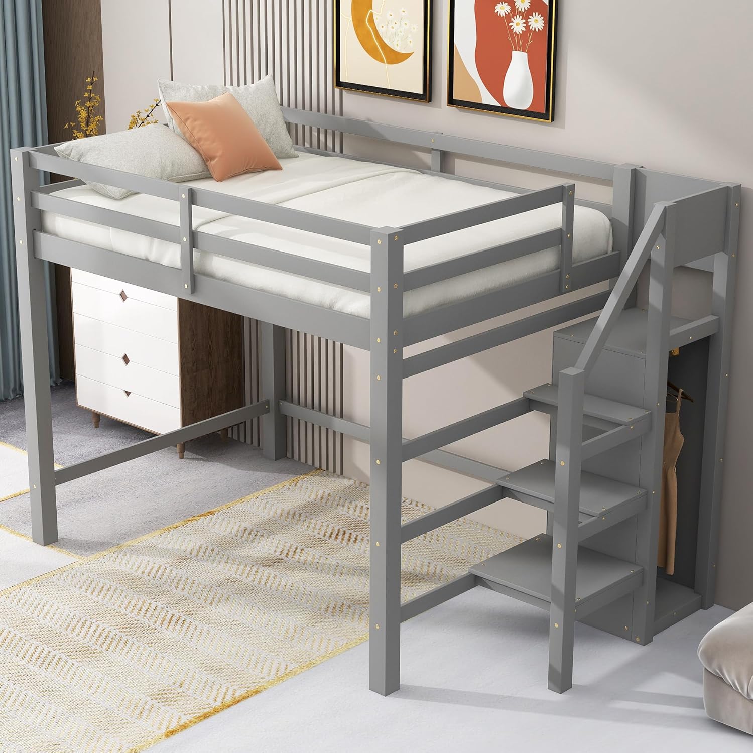 Bellemave Full Size Loft Bed with Storage Staircase and Wardrobe for Clothes,Wood Loft Bed Frame with Stairs for Teens,Kids,Space Saving(Gray)