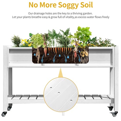 DWVO 47x18x31in Raised Garden Bed, Weather Resistant Poly Wood Planter Box Stand, Planter Box with Legs, Storage Shelf & Lockable Wheels, Elevated Garden Bed for Backyard Patio Balcony - White
