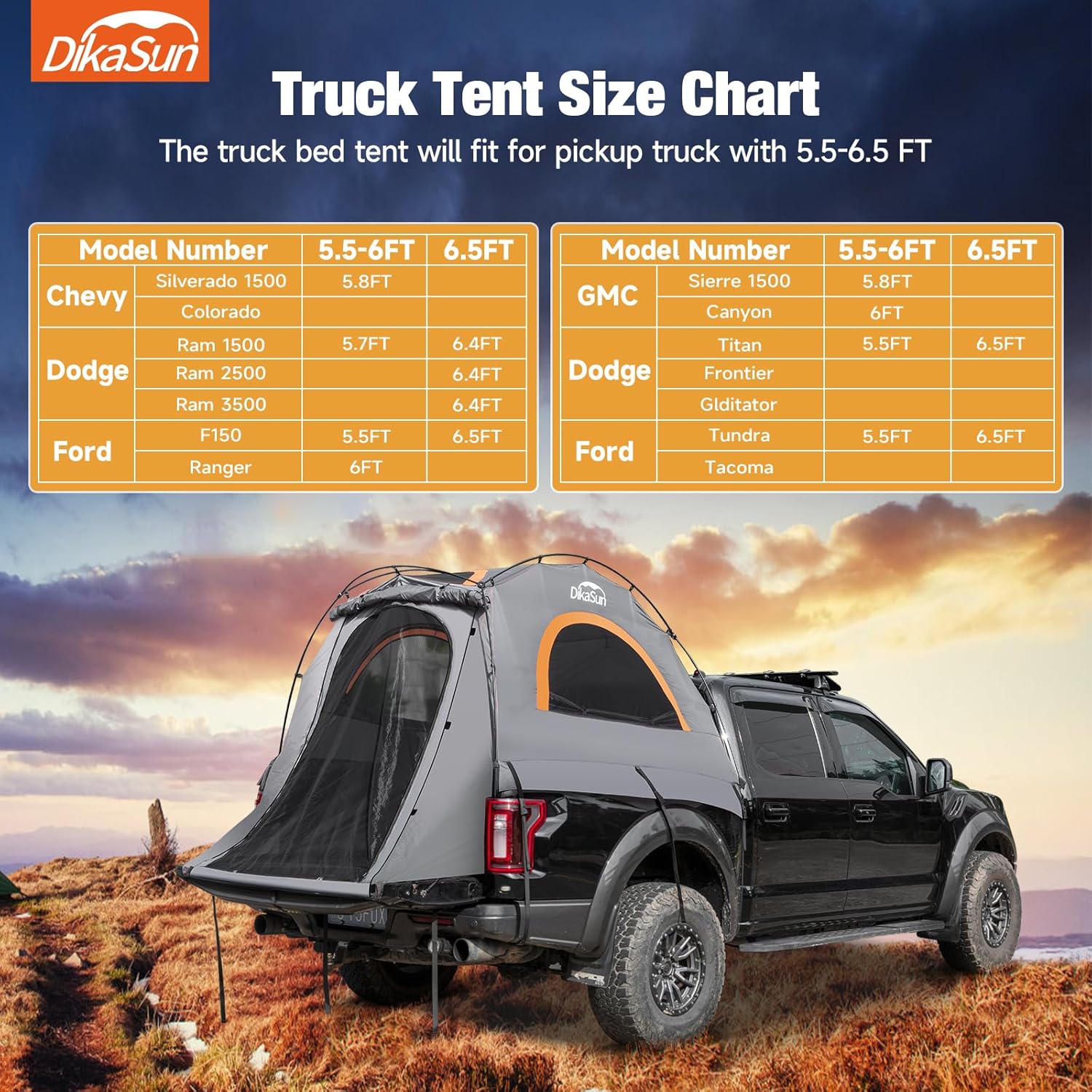 Pickup Truck Bed Tent: Double Layer Quick Setup Pickup Tent 6.4-6.7 Ft, Waterproof PU3000mm Tear-Resistant Truck Tent for Camping (Grey)