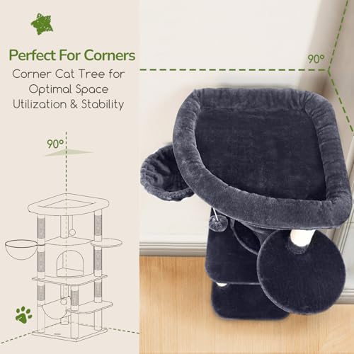 Globlazer Corner Cat Tree for Large Cats, 66inch Tall Curved Series Large Cat Tower for Multiple Indoor Cats with 6 Scratching Posts, 2 Spacious Cat Condos, Hammock, Hanging Basket, C66, Beige