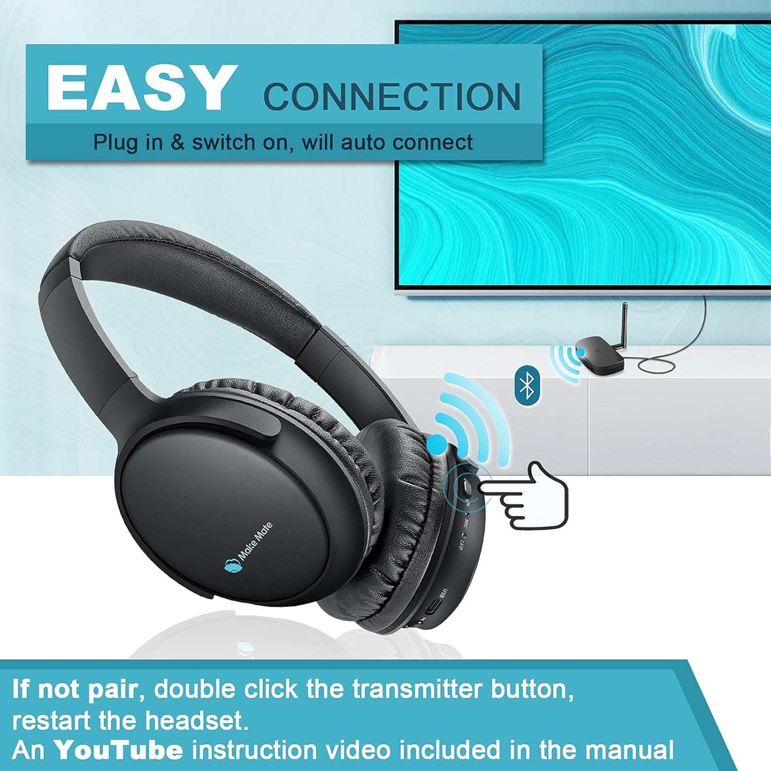 Wireless Headphones for TV Watching with Optical Bluetooth Transmitter, makemate BKM200 Digital TV Headsets, Easy Plug & Charge, up to 165ft Wireless Range, Crystal Stereo for Most TVs - Black