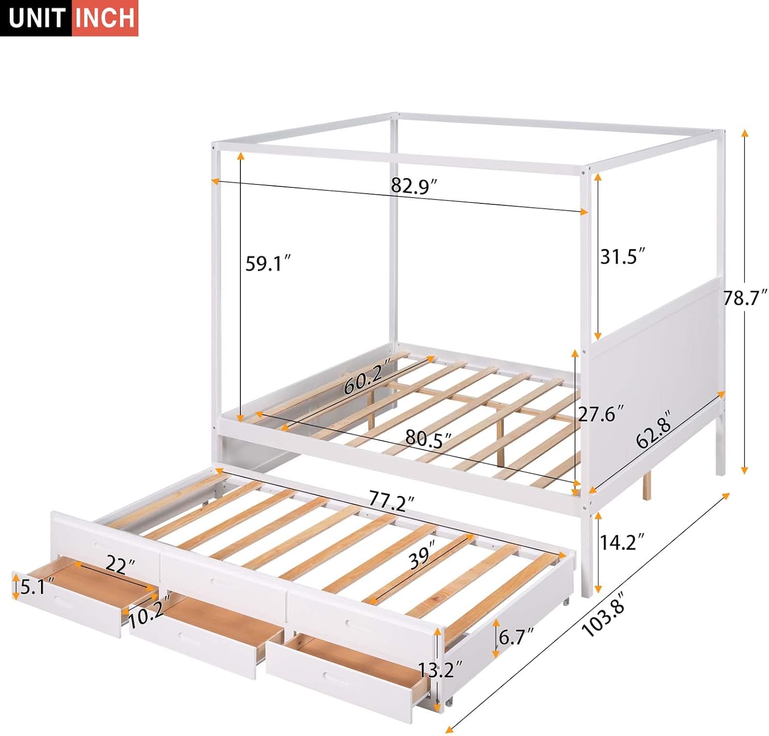 Queen Size Wood Canopy Platform Bed with Twin Size Trundle Bed and 3 Storage Drawers, Sturdy Wood Slats Support, No Box Spring Required, Simple Assembly for Boys Girls Teenagers and Adults, White