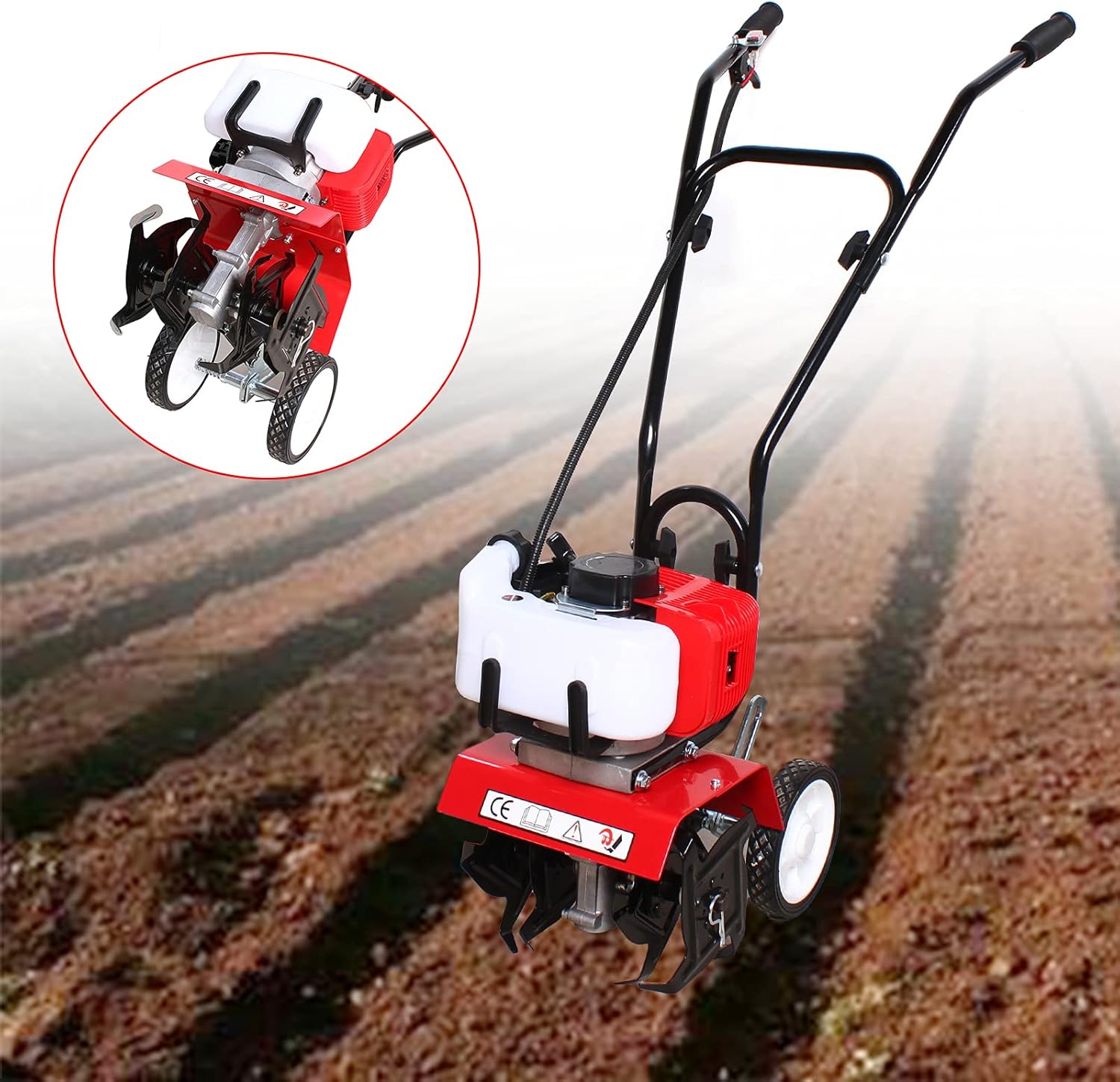 Gas Mini Tiller Cultivator, 52cc 2-Stroke Garden Cultivator, Tillers and Cultivators Gas Powered, Gas Rototiller, 6500rpm Cdi Tilling Tool with 2 Wheels, Tiller for Gardening