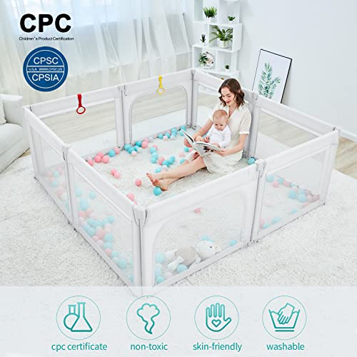 Baby Playpen Foldable 79x59 Playpen for Babies and Toddlers, Adjustable Play Pen for Toddlers 1-3 Baby Fence Baby Play Yards for Indoor & Outdoor Baby Gate Playpen with Packing Bag, Light Grey