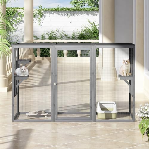 Outdoor Cat Enclosures, Weatherproof Catio for Cats, Large Cat Cage with 3 Platforms and Litter Box, Wooden Cat Crate for Outside, Cat House for Cat Patio, Grey