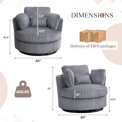 Chair and A Half with Ottoman, 360° Swivel Accent Barrel Chair Modern Comfy Round Reading Sofa Swivel Chairs Circle Lounge Chair for Bedroom Living Room w/4 Pillow Lower Seating Heigh (White, Large)