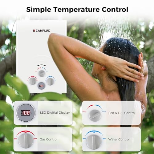 CAMPLUX 2.64 GPM Propane Portable Gas Water Heater, 68,000 BTU Outdoor Tankless Camping Water Heater with Digital Display, White