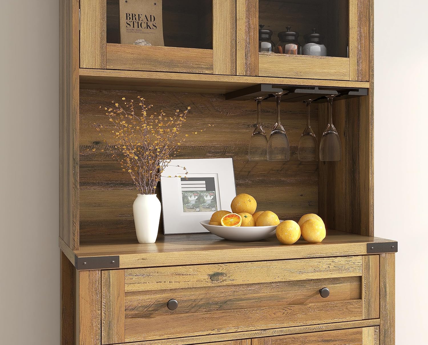 Farmhouse Bar Cabinet,Wooden Tall Wine Rack Kitchen Hutch Storage Cabinet Buffet Sideboard Cabinet Double Barn Door Accent Bar Cabinet with Goblet Holder for Home Kitchen,Dining Room