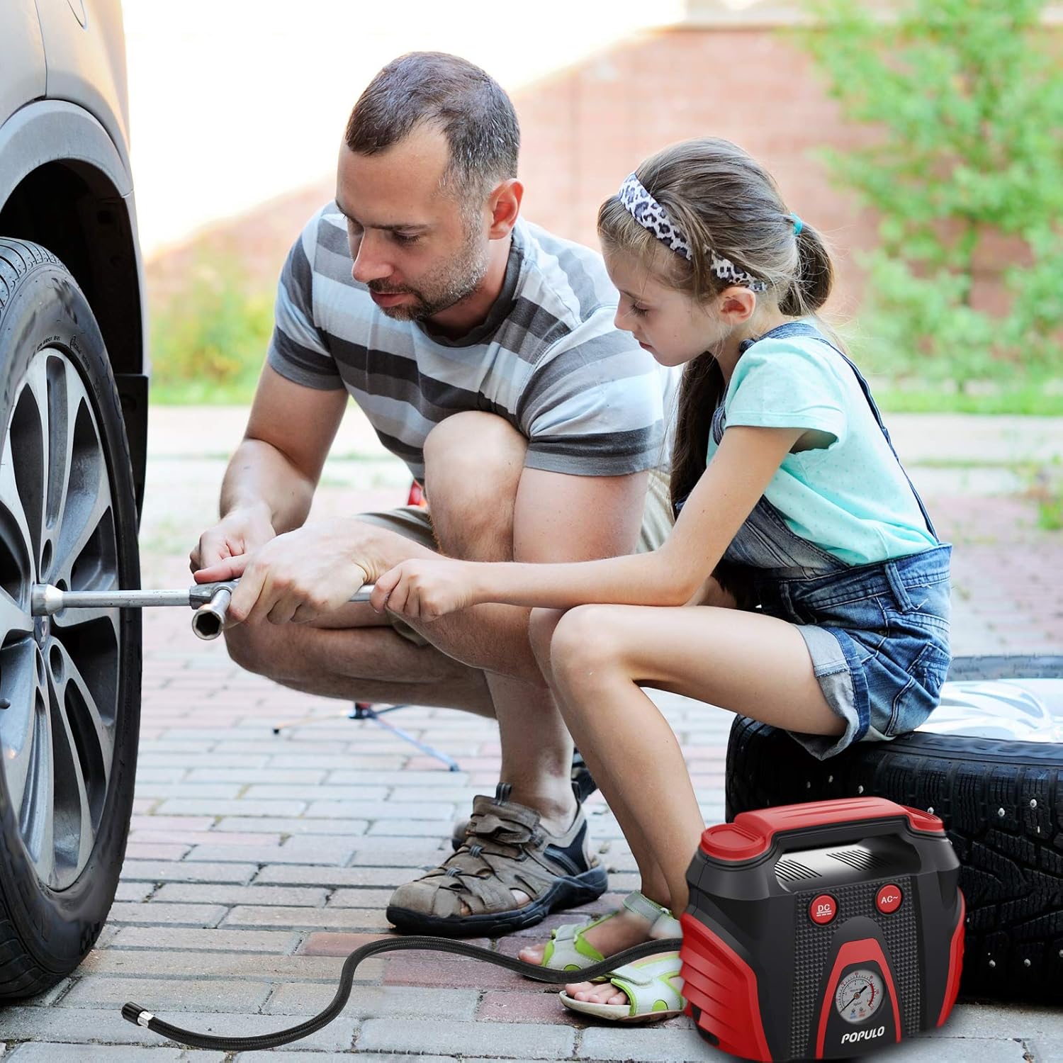 POPULO Tire Inflator Air Compressor, AC/DC Portable Air Compressor Pump for Car (12V DC) and Home (120V AC), Car Tire Inflator with Pressure Gauge for Bike, Motorcycle, Ball and Other Inflatables