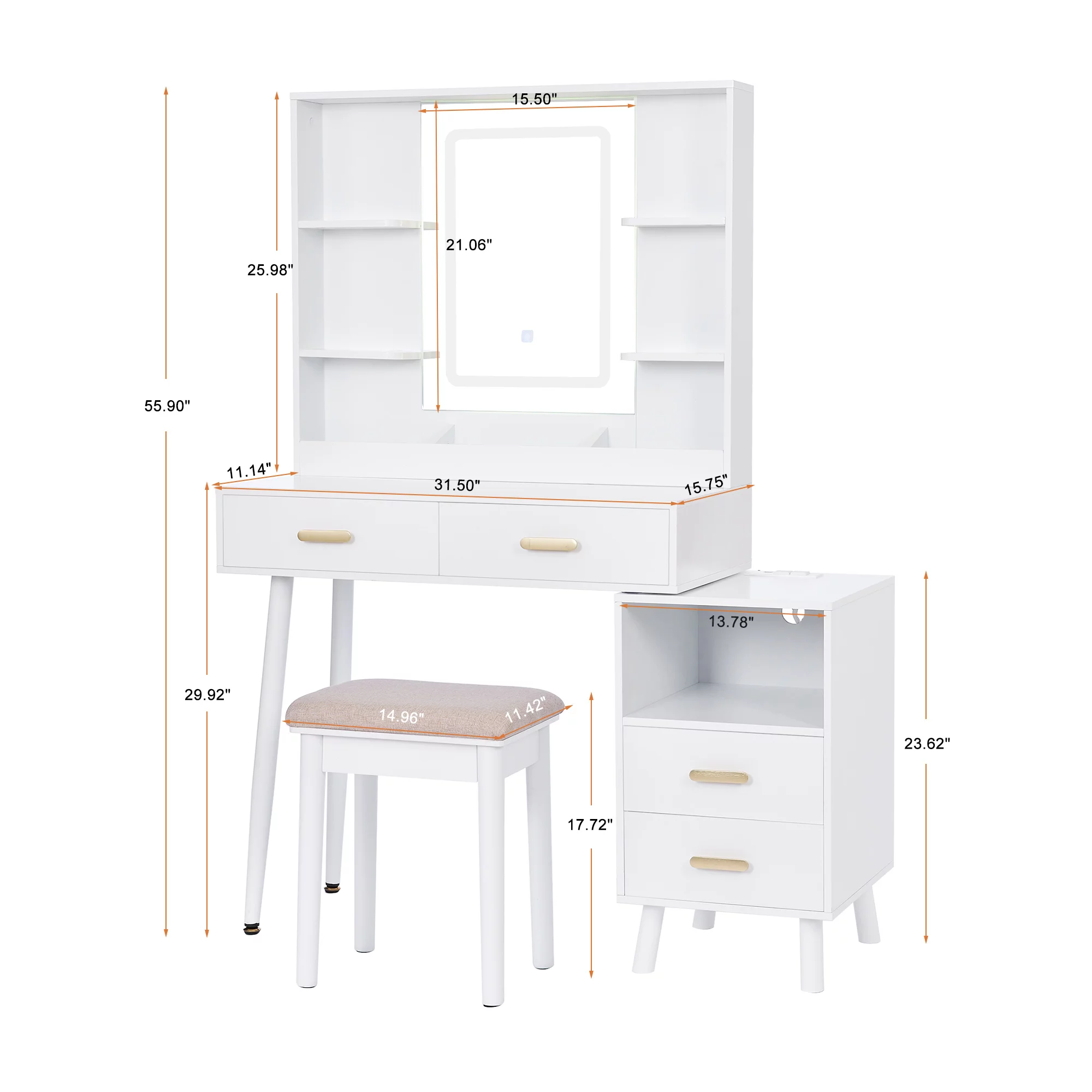 BEWISHOME Vanity Desk with Mirror and Lights, Makeup Vanity with Lights, White Vanity with Charging Station & Cabinets, Makeup Desk Vanity Table with 3 Colors Modes, Dressing Table Vanity Set FST18W