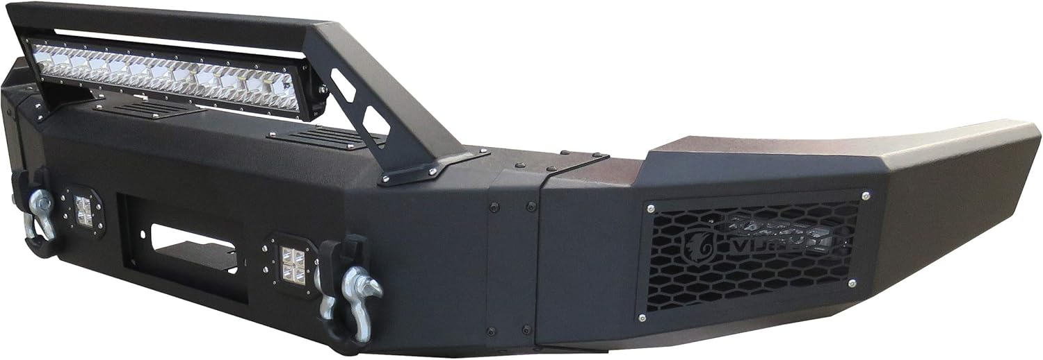 Ronghui Silverado Front Bumper Textured Black w/Winch Plate and 4x20W LED light and 1x144W Light Bar and 2xD-Rings for 2007-2013 Chevrolet Silverado 1500