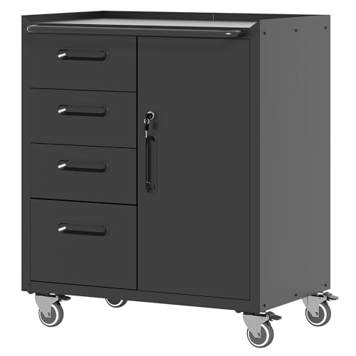 Metal Storage Cabinet with Wheels, Lockable Garage Cabinet with Doors and Shelves, Rolling Tool Storage, Assembly Required, Black