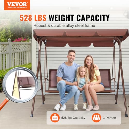 VEVOR 3-Seat Patio Swing Chair, Converting Canopy Swing, Outdoor Patio Porch with Adjustable Canopy, Removable Thick Cushion and Alloy Steel Frame, for Balcony, Backyard, Poolside, Brown