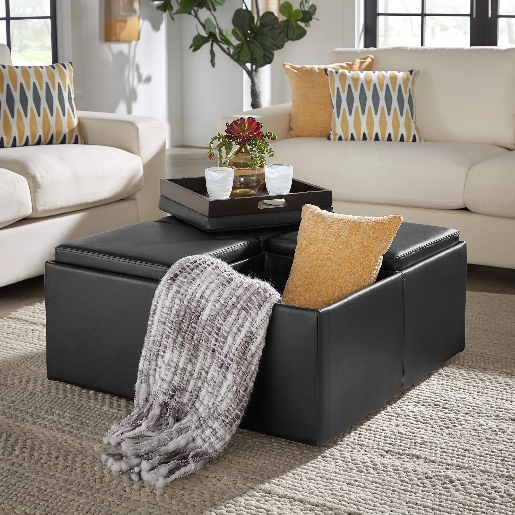Cocktail Storage Ottoman with 4 Trays, Dark Brown Faux Leather