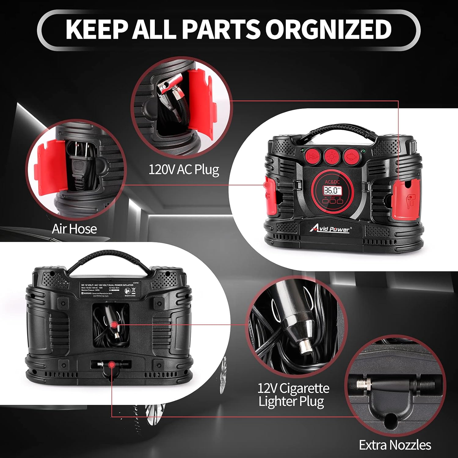 AVID POWER AC/DC Tire Inflator, Portable Air Compressor for Home (110V) and Car (12V), Electic Tire Pump with Dual Powerful Motors for Fast Inflation, Auto Shut-Off Digital Gauge & LED Light Pack of 2