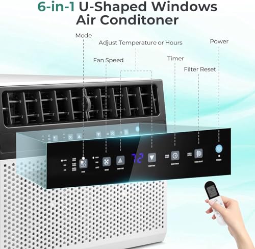 R.W. FLAME U-Shaped Window Air Conditioner with Full Window View, Ultra Quiet AC Unit, Remote Control, Cools up to 450 Sq. Ft. Living Room/Bedroom/Home,Energy Efficient,Washable Filter
