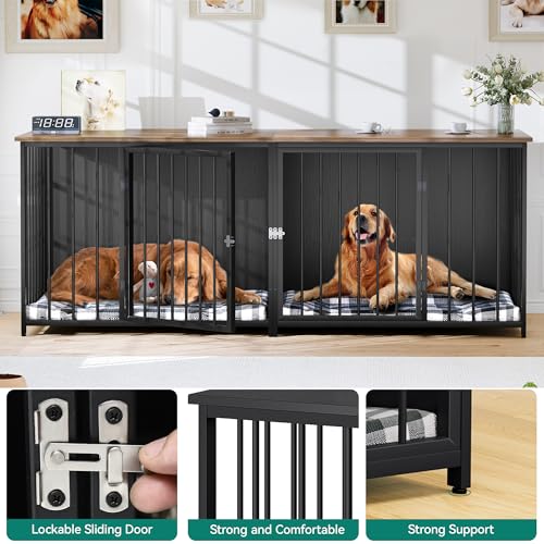 DWVO Double Dog Kennel Furniture, 80.2" Dog Cage Furniture with Divider, Double Dog Crate TV Stand for 2 Medium Dogs, Black