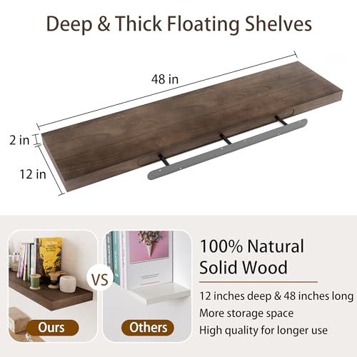 12 Inch Deep Floating Shelves Wall Mounted, 48" Long Solid Wood Hanging Shelves, Live Edge Shelves with Invisible Brackets, Large Storage Display Shelf for Bathroom, Living Room, Kitchen