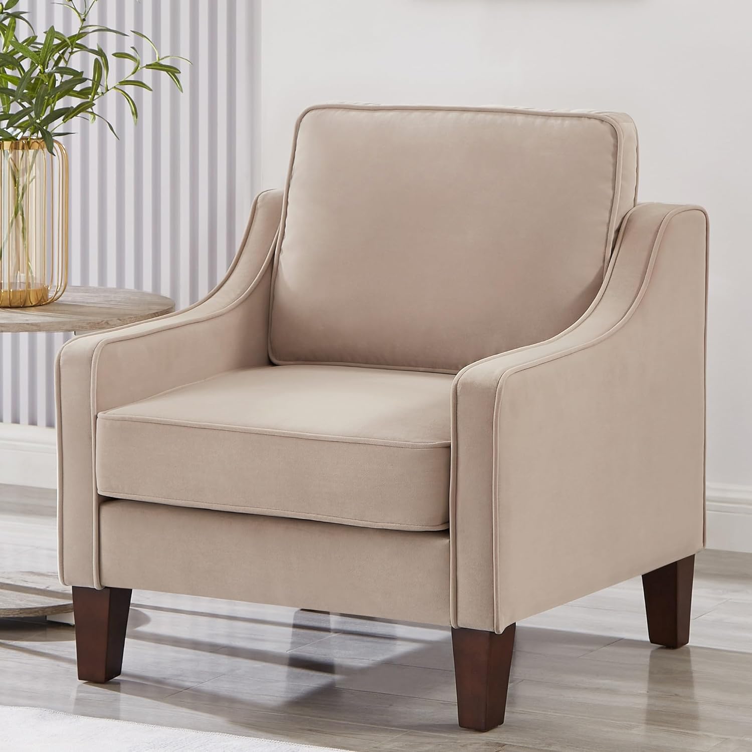 29" Modern Upholstered Velvet Accent Chair, Comfy Reading Armchair with Scooped Armrest, Living Single Seat Sofa with Wooden Legs for Bedroom,Apartment,Studio,Office,Waiting Room (Taupe)