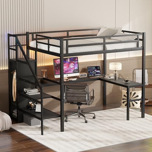 Wood Full Size Gaming Loft Bed with Desk, Multi-storage Shelves, LED and Charging Station，Suit High Loft Bed Frame with Bookshelf for Kids Teens Adults (Black, Full)