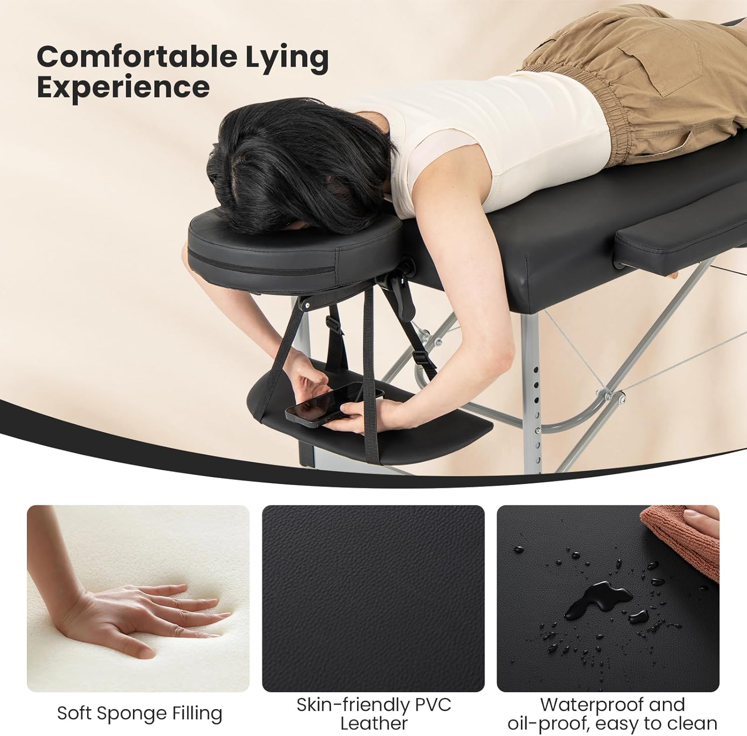 Giantex Massage Table, Portable Massage Bed with Carrying Bag, 2 Fold Salon Spa Tattoo Bed, Height Adjustable, Sturdy Aluminum Frame, Professional Massage Lash Bed Esthetician Bed, Black