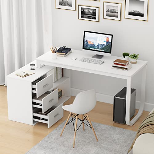 FAMAPY 55.1” L-Shaped Desk with Drawers and Shelves, Office Desk Corner Desk with Storage, Computer Desk Craft Desk for Home Office Bedroom White