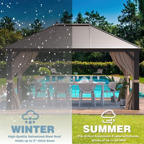 MELLCOM 12'x16' Hardtop Gazebo, Galvanized Steel Metal Double Roof Canopy with Curtains and Netting, Brown Permanent Pavilion Gazebos with Aluminum Frame for Garden, Patio, Lawns, Deck