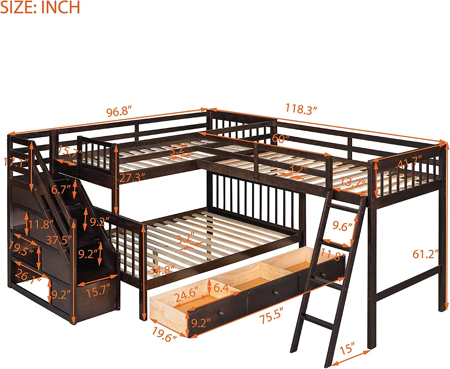 Twin Over Full L-Shaped Triple Bunk Bed for Kids, Wooden Corner Bunk Bed with 3 Storage Drawers Attached a Twin Loft Bed,Bunk Beds with Stairs and Ladder for Boys Girls Teens,Espresso