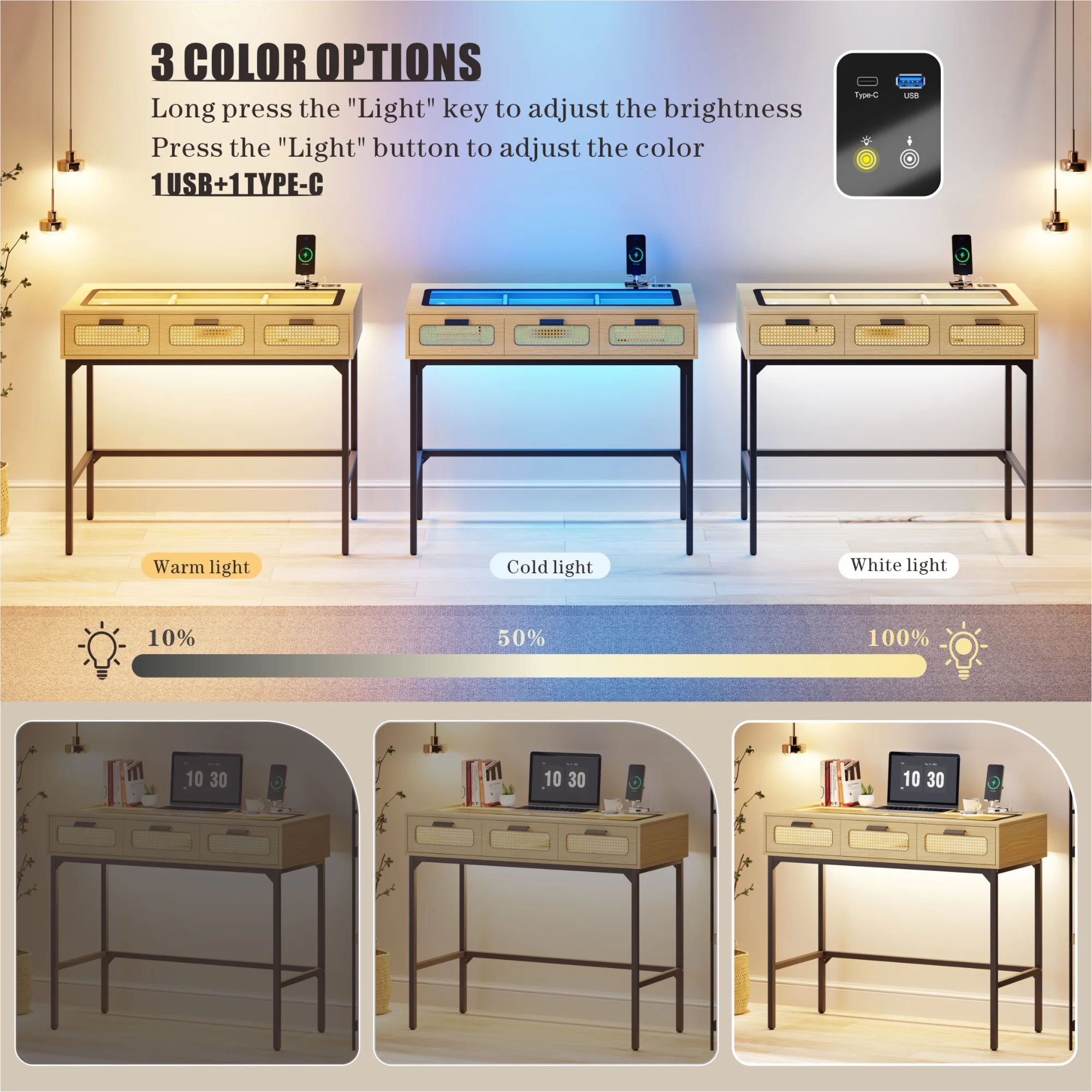 FREDEES Makeup Vanity Desk with 3 Color LED Lights & Glass Top Design & Charging Station, Wood